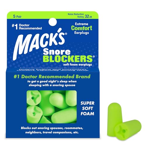 Mack’s Snore Blockers Soft Foam Earplugs, 5 Pair – 32 dB High NRR, 37 dB SNR – Comfortable Ear Plugs for Sleeping, Snoring, Loud Noise and Travel