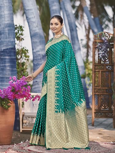 Image of MANOHARI Women's Trendy Banarasi Satin Silk Woven Saree with Heavy Jacquard Work, Elegant Design, Silk Saree with Maching Lace Border Unstitched Blouse Piece for Weddings & Festive Occasions