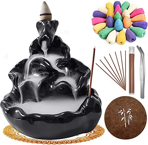 HGIFTHOMEH Bruciatore di incenso a riflusso Porta incenso a cascata per decorazioni per la casa Ornamento per aromaterapia con 30 Coni di incenso, (Nero)
