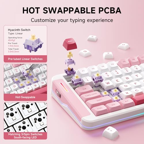 Image of MCHOSE X75 V2 Wireless Mechanical Keyboard Volume Knob, Tri-Mode BT5.0 /2.4GHz /USB-C Hot Swappable Custom Keyboards, Linear Switch Creamy Keyboards, RGB Gaming Keyboard for PC /Tablet /PS /Xbox, Pink
