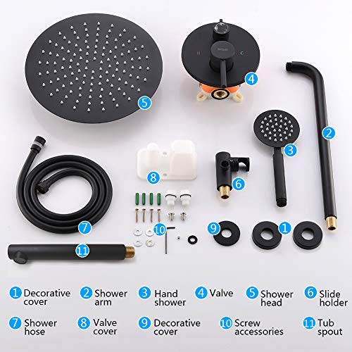Juego de Duchas para Bañera con Salida para Bañera, Grifo Negro para Bañera y Ducha con Cabezal de Ducha Lluvia de 12 Pulgadas y Ducha de Mano, Kit de Acabado para Bañera y Ducha de 3 Funciones con Válvula de Instalación Empotrada miniatura 6