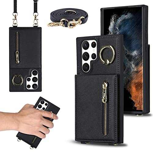 Jaorty Crossbody Phone Case For Samsung Galaxy S22 Ultra Case With Card Holder,S22 Ultra Wallet Case With Strap Lanyard For Women,[360° Rotatable Ring Holder] Kickstand Leather Pu Magnetic Clasp,Black #TOP5
