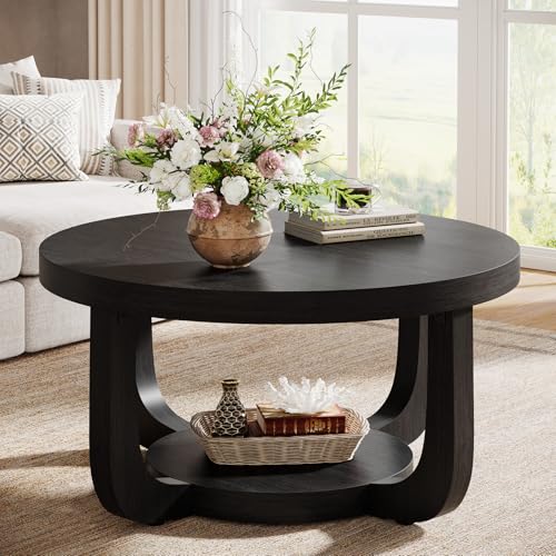 Image of Tribesigns Round Coffee Table, 2-Tier Circle Coffee Table with Storage, Modern Wooden Accent Center Table for Living Room, Thick Tabletop & Base, Black