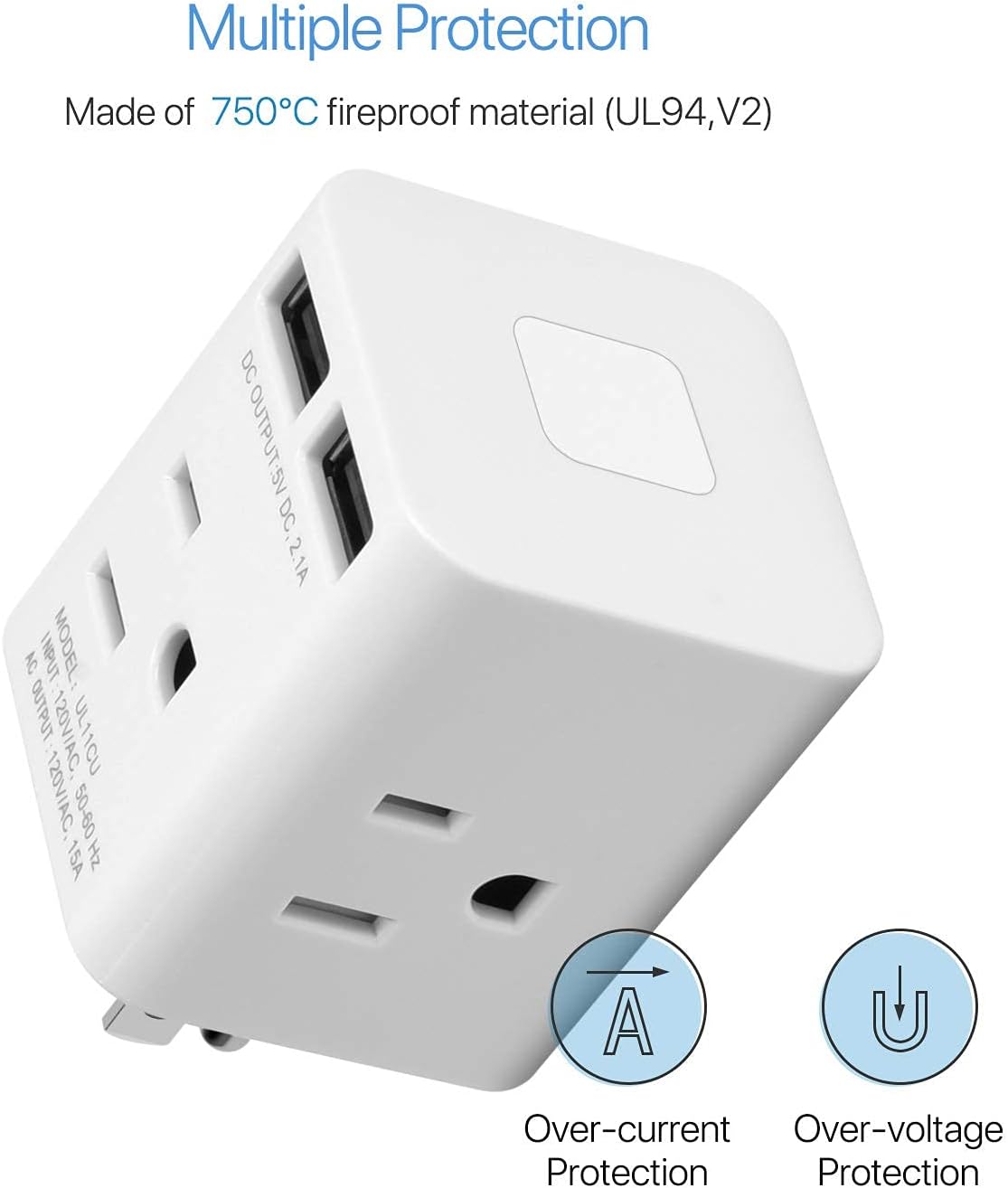Multi Plug Outlet Extender with 2 USB Ports 4 AC Sockets, SUPERDANNY Wall Charger Electrical Outlet Splitter Expander with Safety Outlet Covers for Home, Travel, Dorm and Office, White