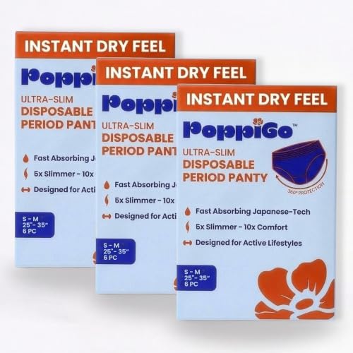 Image of Poppigo Ultra-Slim Disposable Period Panty for Women & Girls | (S-M) |18 Pcs (6pc x 3packs) | 25 inch-35 inch Inches | Slim Like Underwear | Leak-Proof | Soft Breathable | Comfort for Travel, Sleep & Active days.