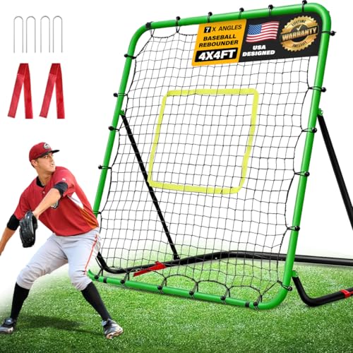 Durable Baseball Rebounder Net, 4x4 Ft Foldable Baseball and Softball Bounce Back Net with 7 Angles, Easy-Adjust Pitchback Trainer Rebound Net