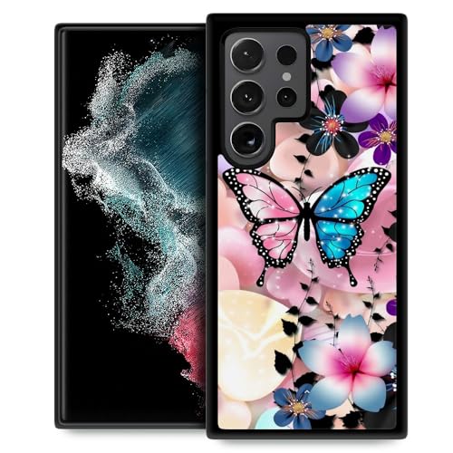 ZHEGAILIAN Compatible with Samsung Galaxy S24 Ultra Case,Pattern Design Hard PC Back Cover Non-Slip Soft TPU Protective Case for Samsung Galaxy S24 Ultra for Women 6.8inch-Pink Blue Butterfly