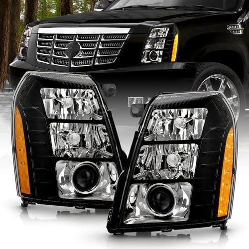 KEEKPO - For 2007-2014 Cadillac Escalade HID/Xenon Model Black Housing Projector Headlights Headlamps Pair Left+Right