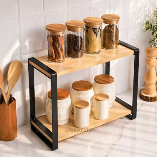 Image of Decorlay Metal & Wooden Spice Rack Organizer Space Saver Step Shelf Counter-Top Storage For Kitchen, Tabletop, Floor Standing Bathroom, Office, And Cosmetics (Black + Beech, Two - Tier)