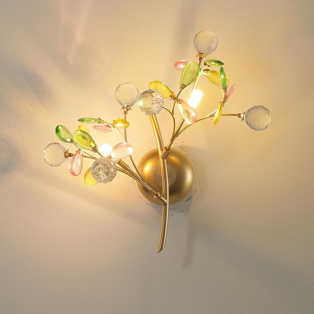 COSRUB French Crystal Wall Sconce, Gold Branch Wall Lamps Colorful Glass Dimmable Farmhouse Wall Mounted Light for Living Room Entryway Bedroom Bedside(2 Light(3000K))