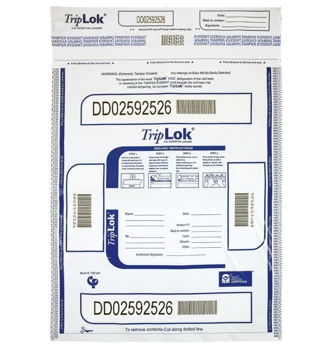 ControlTek TripLok 12" x 16", White, 100 Bags, Tamper-Evident Deposit Bags, Cash Handling & Valuables, Tear-off receipt + Large Video-visual Barcodes 585043