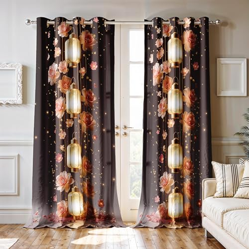 Image of Ultimate Trends Festival Themed Light Filtering Polyester Curtain Diya, Lantern, Lotus & Fireworks Print | Ideal for Diwali, Pooja Room, Living Room Dcor | Eyelets|, 6 FEET (Pack of 2)