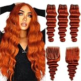 350 Ginger Brown Human Hair Bundles Loose Deep Wave 3 Bundle Human Hair with Closure-18 20 22+18inch, 10A Unprocessed Raw Brazilian Virgin Hair Loose Wave Quick Weave Bundles with hd Lace Closure