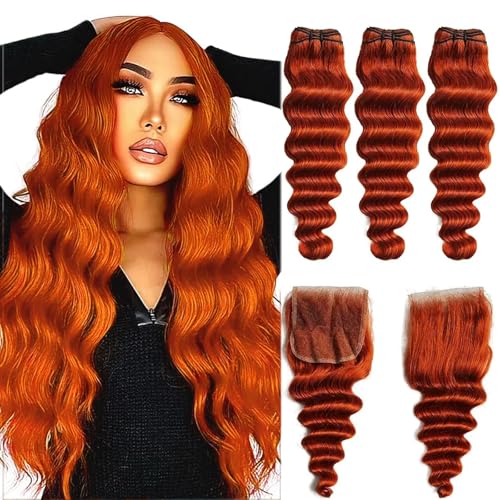 350 Ginger Brown Human Hair Bundles Loose Deep Wave 3 Bundle Human Hair with Closure-18 20 22+18inch, 10A Unprocessed Raw Brazilian Virgin Hair Loose Wave Quick Weave Bundles with hd Lace Closure
