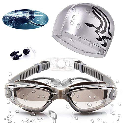 AOKELILY Swim Goggles and Cap Set 4 in 1, UV 400 Protection Lenses Clear Anti-Fog Swimming Goggles Waterproof No Leaking with Nose Clip + Ear Plugs for Adult Men Women Kids (Gray)