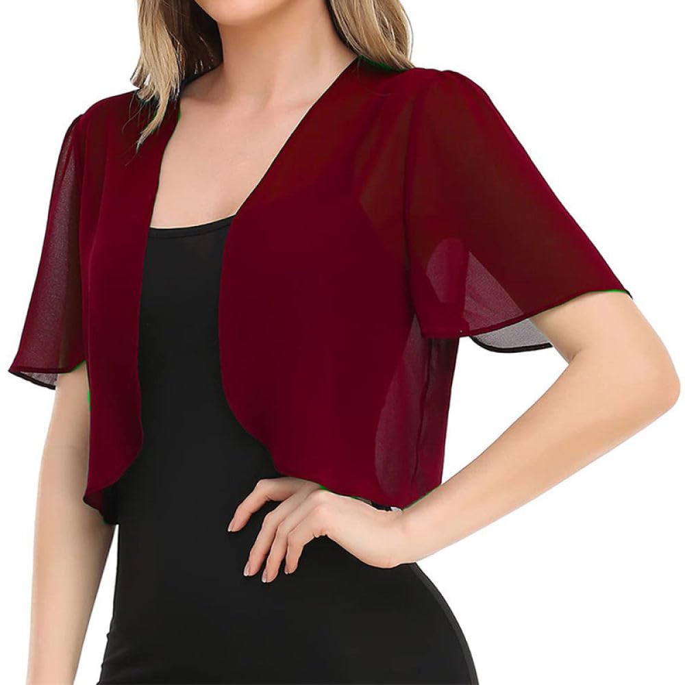 Fwshangmao Women's Burgundy Shrugs, Short Sleeve Shrug Summer Chiffon Bolero Cardigan Embroidery Jacket Short Open Front Elegant Shoulder Jacket See Through Cover-Up For Dresses,,3Xl