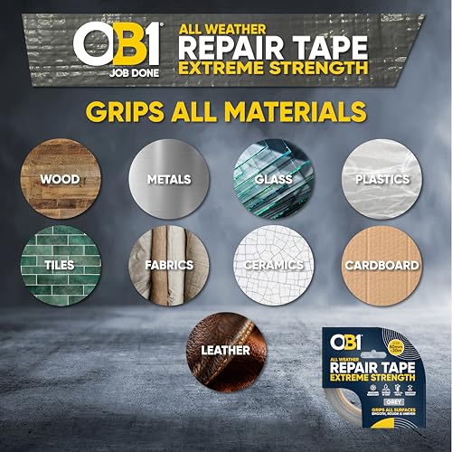 Image of OB1 Grey All Weather Repair Tape Extreme Strength - Ultra Strong Waterproof Duct Tape - Maximum Bond Strength - Heat, Water & UV Resistant - Indoor & Outdoor Use - 50mm x 20m Roll