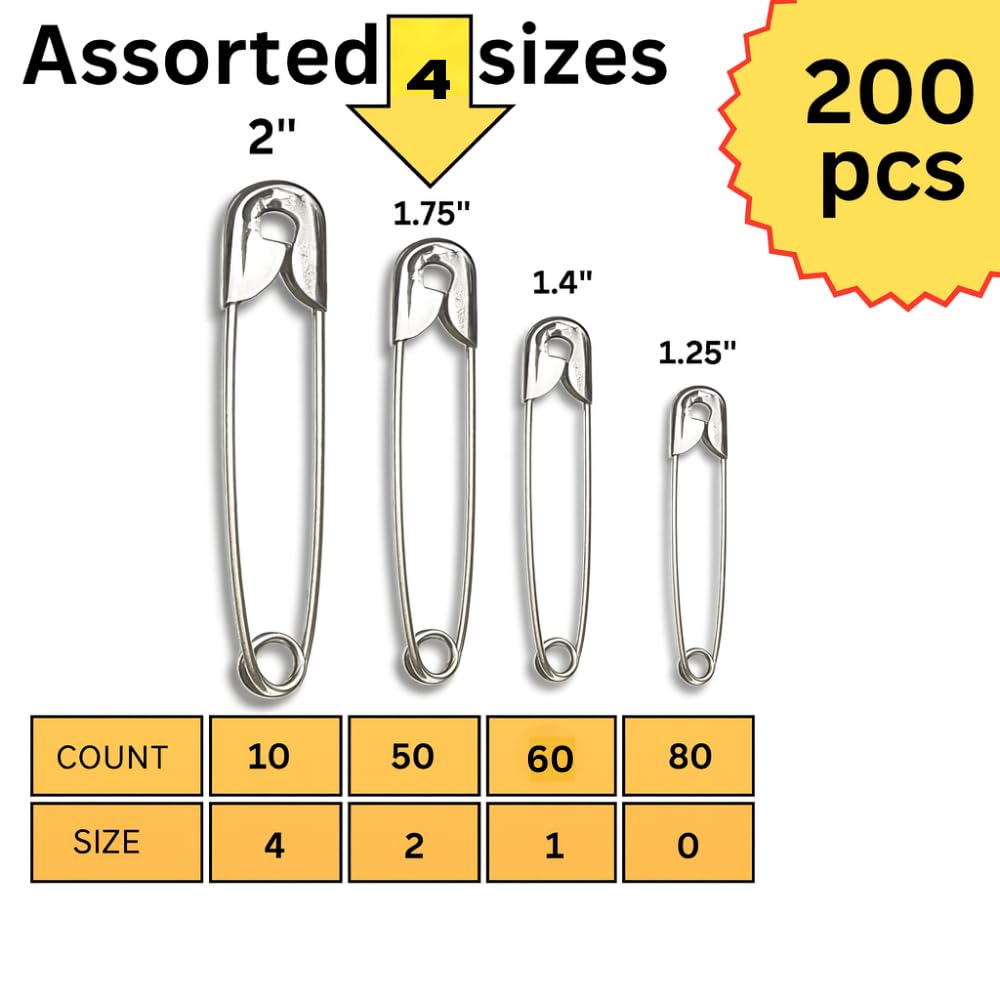 Pack of 200 Safety Pins + 20 Pins (Free)| 4 Assorted Sizes (Including Big Pin) | for Saree, Blouse & Tailoring | Strong Lock | Rust Resistant 2