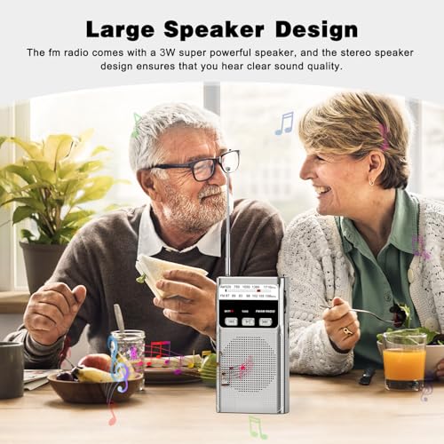 Portable Radio AM FM, Goodes Battery Powered Radio with MP3 Player, Type-C Charge, Best Reception, TF Card Jack, Flashlight, Back Clip, Headphone Jack, Suitable for Jogging/Walking/Camping Use-Sliver