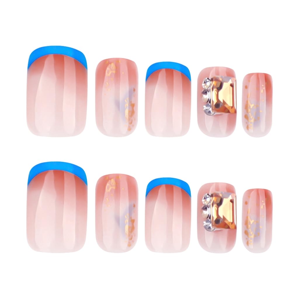 30 Pcs Blue French Tip Acrylic Nails Short False Nails Rhinestones Stick on Nails Glittering