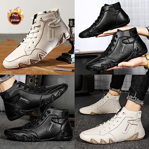 Men's High-top Casual Leather Ankle Boots,Lightweight Comfort Waterproof Non-slip Soft Sole Flat Barefoot Booties3
