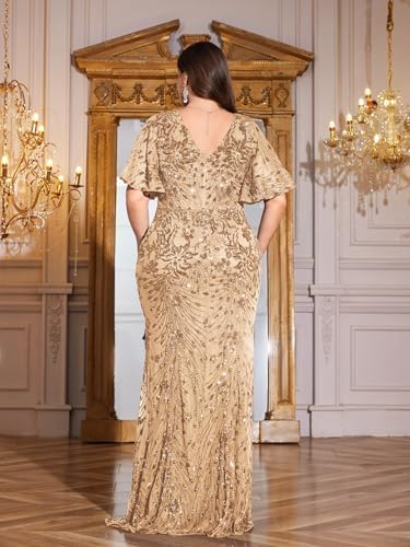 formal plus size short dresses Plus Size Sparkly A-Line V-Neck Sequin Knee-Length Ruffle Formal Dress –  Veauldress main image 1