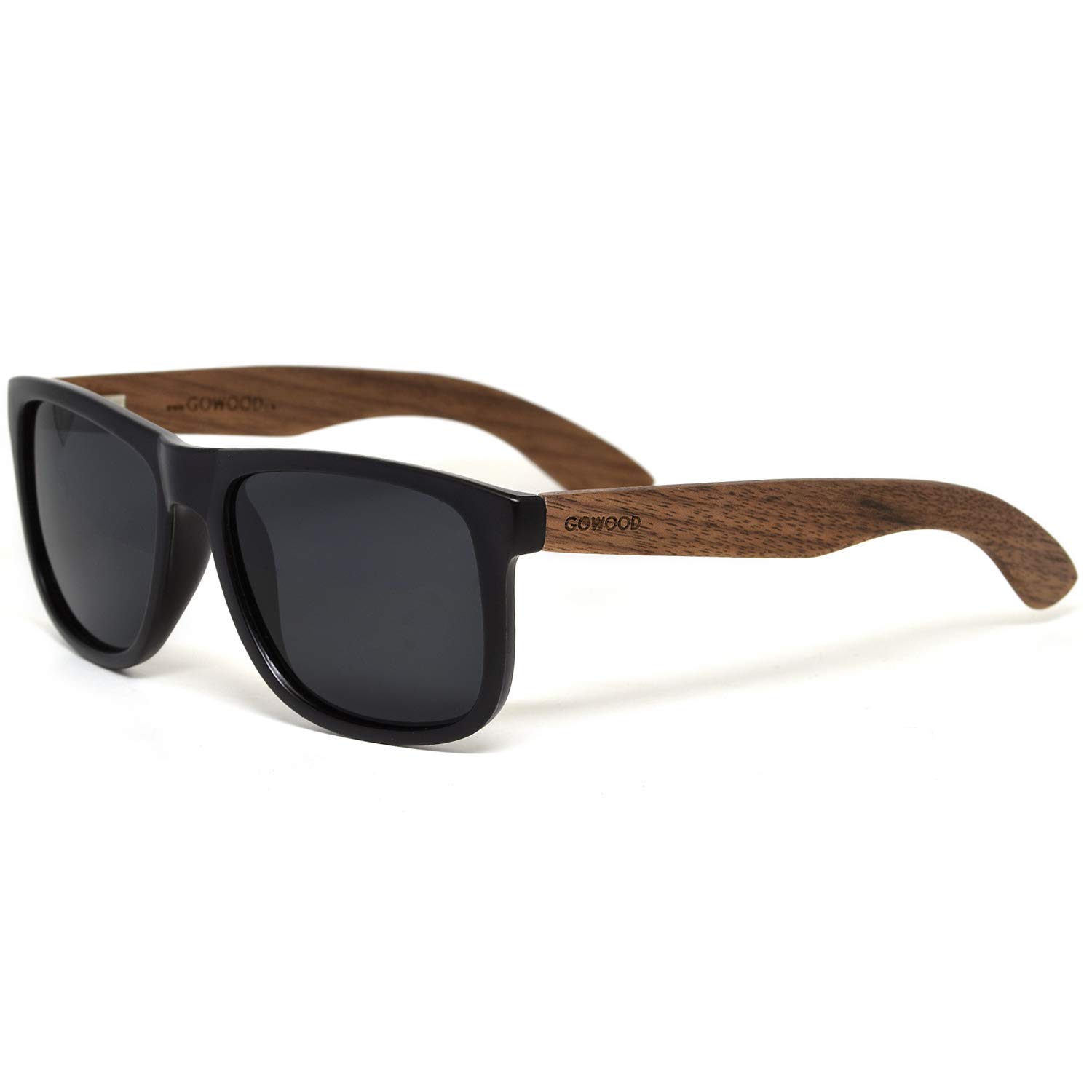 GOWOOD Occhiali da sole piazza in legno uomo e donna | Occhiali premium polarizzati con aste in legno di noce e telaio in acetato nero | Lenti scure UV400 | Occhiali da sole con protezione UV (Nero)