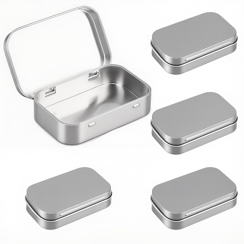 HASTHIP® 4 Pcs 31g Silver Aluminium Small Tin - Portable Rectangular Metal Hinged Tin Box Container Mini Portable Small Storage Container with Lid for Make Up, Candles, Jewellery, 95x60x20mm-image-30