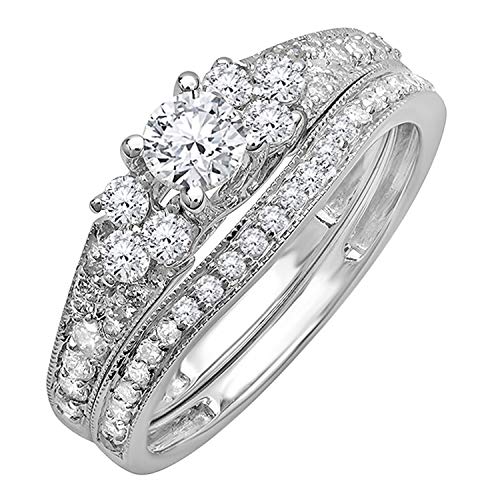 Dazzlingrock Collection 1.00 Cttw Round White Diamond Solitaire with Accents Vintage Style Wedding Ring Set for Her, Available in 10K/14K/18K Solid Gold