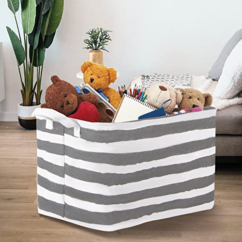 Consmos Rectangle Storage Baskets For Organizing Shelves Set Of 3, Collapsible Canvas Storage Bins Nursery Hamper Toy Storage Organizer With Handles For Toys Books Clothes, Gray& White Stripe #TOP4