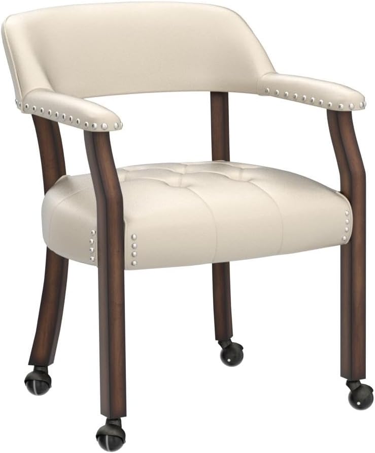 Dining Chair with Casters, Leather Chair with Caster & Nailhead Trime Dining Chairs with Rollers Curving Backrest Chairs with Wheels Kitchen Table Rolling Chair(Espresso&Beige 1910BG)