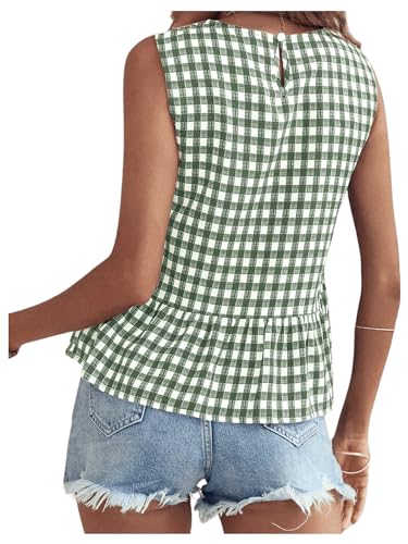 Floerns Women's Gingham Print Sleeveless Round Neck Ruffle Hem Peplum Blouse Top2