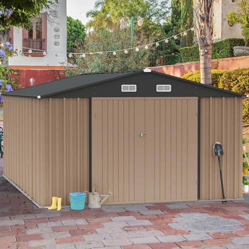 Image of GUNJI 10 x 10 FT Shed Outdoor Storage Shed Metal Garden Shed with Lockable Door Outside Waterproof Tool Shed for Backyard, Patio, Lawn (Brown)