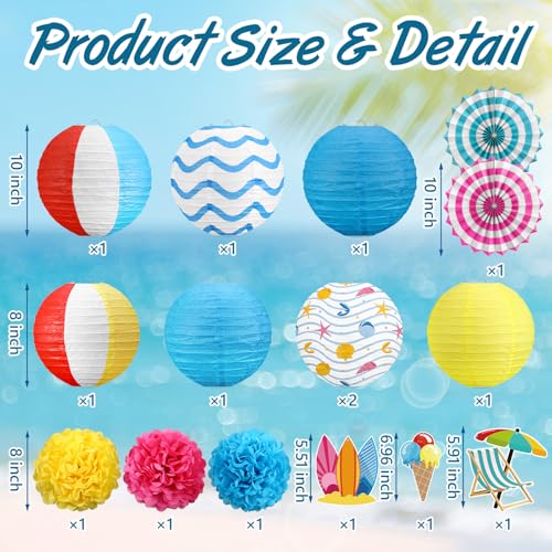 Flutesan 16 Pcs Summer Beach Decorations Ice Cream Surfboard Pool Themed Hanging Decor Colorful Paper Lanterns Fans Poms Flowers for Home Birthday Indoor Outdoor End of Summer Party Supplies Favors by Flutesan - Used condition - Image 3