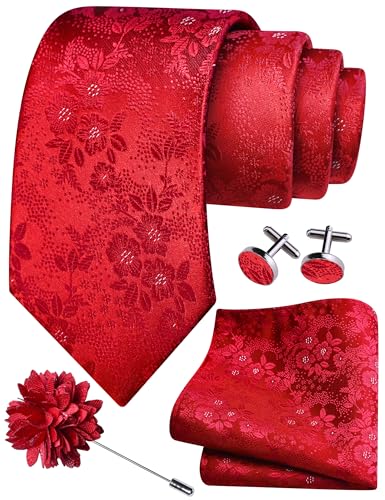 GUSLESON Red Tie for Men Wedding Fashion Floral Necktie Pocket Square Cufflinks and Lapel Pin Brooch Set (6107-07)
