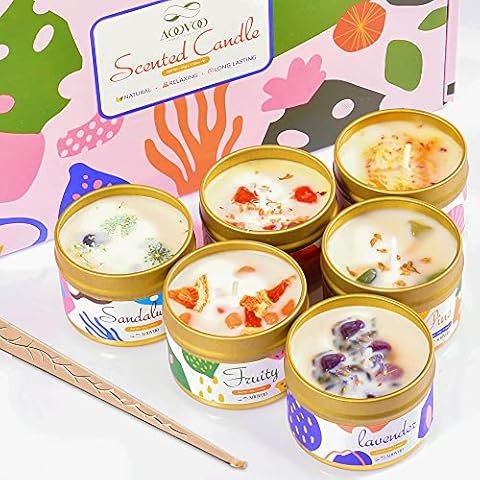 Healing Crystal Candle - Soy Candle Set with Crystals Inside. Energy Healing Stones Jar Candle, Spiritual Aromatherapy Candles with Wick Dipper, 6PC Scented Crystal Candles for Home Scented Cover