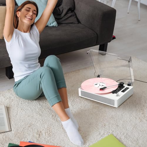 Image of Vinyl Records Player Bluetooth with Bulit-in Speaker Vintage Record Player with USB Recording EQ Mode Support Belt-Driven 3-Speed Turntable AUX-in RCA Out, White