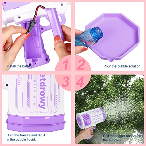 Bubble Machine With 20.28 Oz Bubble Refill Solution - Letdrowy Bubble Guns For Kids Ages 4-8 - Bubble Blower Blaster With 69-Hole Wands - Purple Bubble Maker Gifts For Valentine,Wedding,Party #TOP5