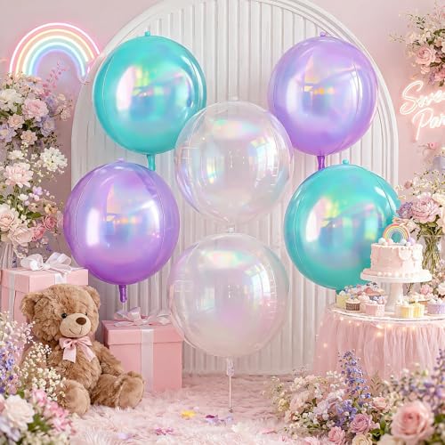 Image of Iridescent Pink Purple Round Foil Balloons Mermaid Decor 22 Inch 6 Pcs | Gradient Pink Purple Teal Holographic 4D Ball Balloons for Birthday Folding Rainbow Under The Sea Party Decoration
