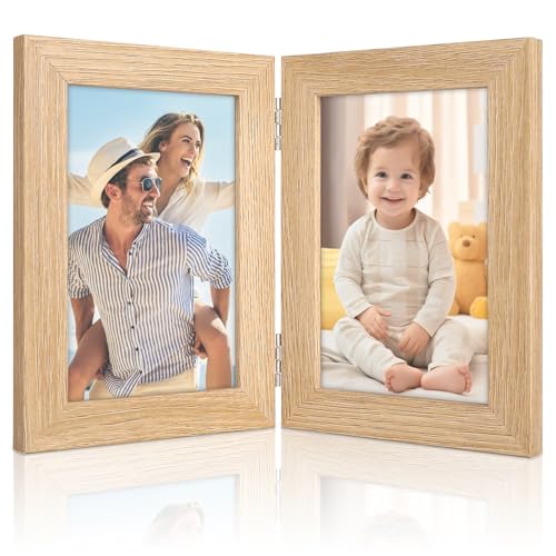 Double Photo Frame 6x4 Wood Photo Frames with Folding Hinges and High Transparency Panel Foldable Family Picture Frame 6x4 Picture Frames for Wedding Family Baby