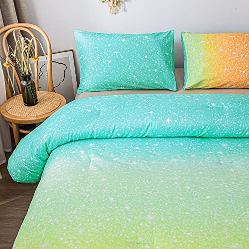 Holawakaka Kids Space Star Glitter Comforter Set Ombre Green & Orange Print Gradient Bedding Set Twin Size (Green Orange, Twin) #TOP2