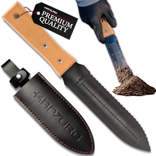 Kanzuro Hori Hori Garden Knife - Japanese Style Weeding & Digging Knife with Stainless Steel Blade, Depth Markings, Wooden Handle & Protective Sheath - Black
