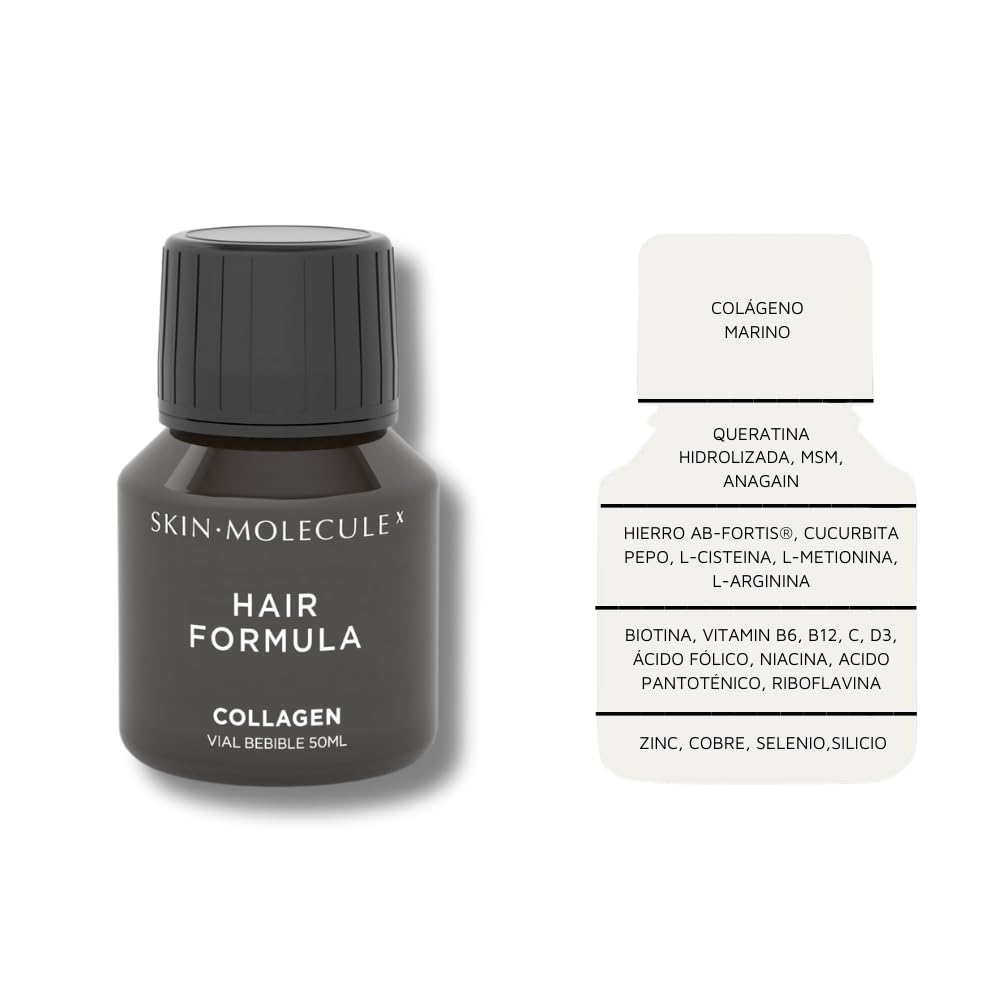 SKIN MOLECULE X Hair Formula 54 Días Colágeno Marino Peptan® Bebible, Vitaminas y Minerales para Fortalecer el Cabello, Ayuda a Prevenir la Caída de Pelo, Aporta Densidad y Brillo, Sin Gluten, 54x50ml