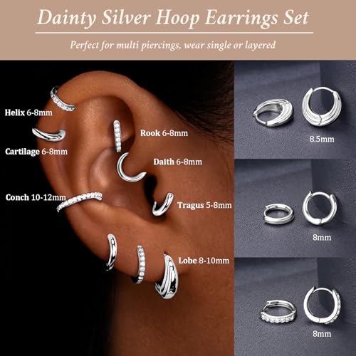 Poxtex Small Sterling Silver Huggie Hoop Earrings Set for Women, Hypoallergenic Trendy Hoops Stacks for Multiple Piercings, Dainty Cute Mini Lightweight Cartilage Helix Jewelry Gift Sensitive Ears by Poxtex - Used condition - Image 4