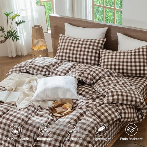 Image of MooMee Gingham Duvet Cover Set 100% Washed Cotton Linen Like King | Relaxed Linen-like Texture. Soft, Breathable & Long-lasting Comfort. Lightweight. Hidden Zipper with 8 Interior Corner Ties
