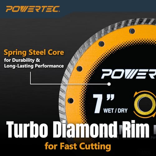 Image of POWERTEC 7 inch Turbo Diamond Saw Blade for Wet Tile Saw, Diamond Blade for Cutting Concrete, Granite, Brick, Paver, Roofing Tile, 7 inch Diamond Blades for Wet /Dry Cutting, 1 Pack (14006)