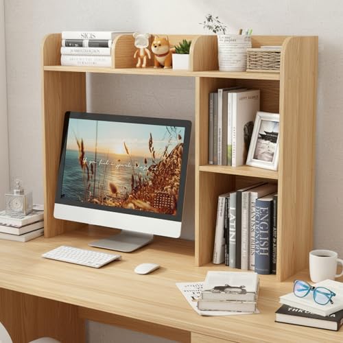 Image of Tangkula Desktop Bookshelf, Countertop Storage Hutch with 5 Shelves for Computer Desk, 3-Tier Display Rack, Multipurpose Wood Storage Organizer for Dorm Office Home