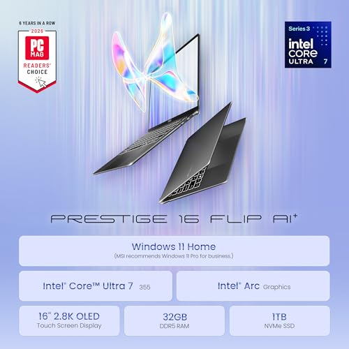 Image of msi Prestige 16 Flip AI+ 16 inch 2.8K OLED Laptop: Intel Ultra 7-355, Intel Arc Graphics, 32GB LPDDR5X, 1TB SSD, Touch Screen, Wi-Fi 7, Bluetooth 6, Fast Charging, Win 11 Home: Platinum Gray C3MTG-058US
