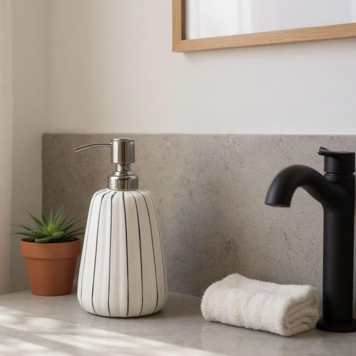 Image of Ceramic Soap Dispenser 330ml (Set of 1) | Multipurpose Liquid Soap, Lotion & Hand Wash Pump Bottle for Bathroom & Kitchen | White Stripe Design