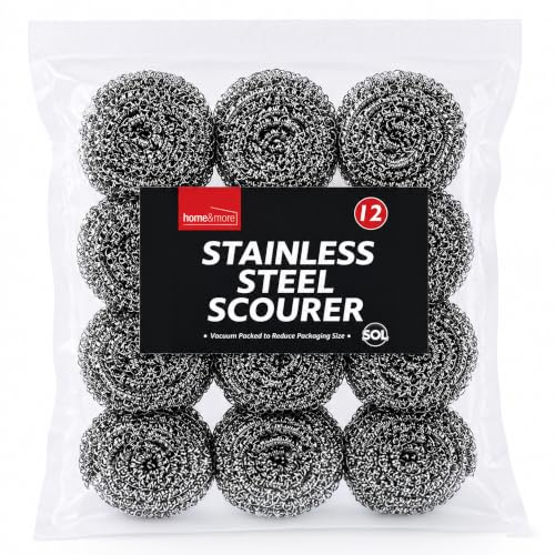 SOL 12pk Stainless Steel Metal Scourer - Heavy-Duty Stainless Steel Scrubber Pads For Cleaning - Metal Scourers - 12pk x 6cm